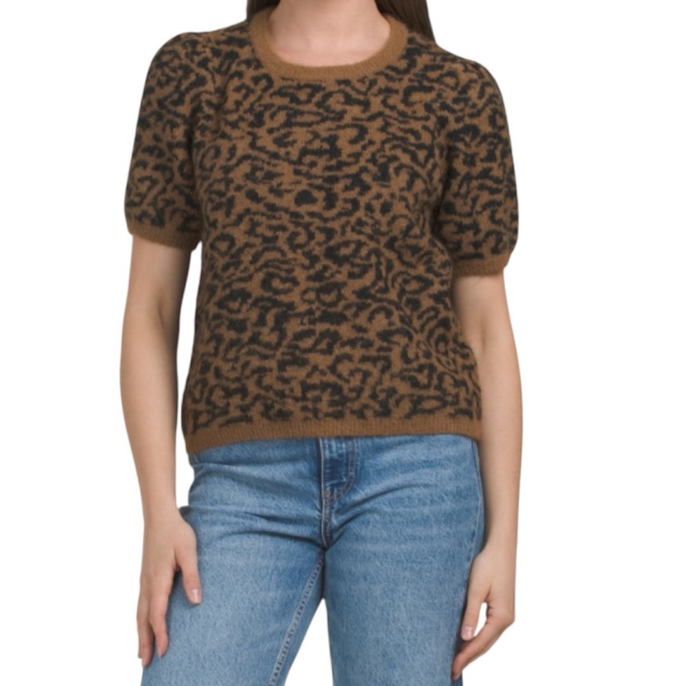CeCe Sweater Wool Blend Short Sleeve Fuzzy Leopard Print Size Medium or Large